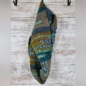 Handmade Crochet Infinity Scarf Earthy Teal Green Brown Striped